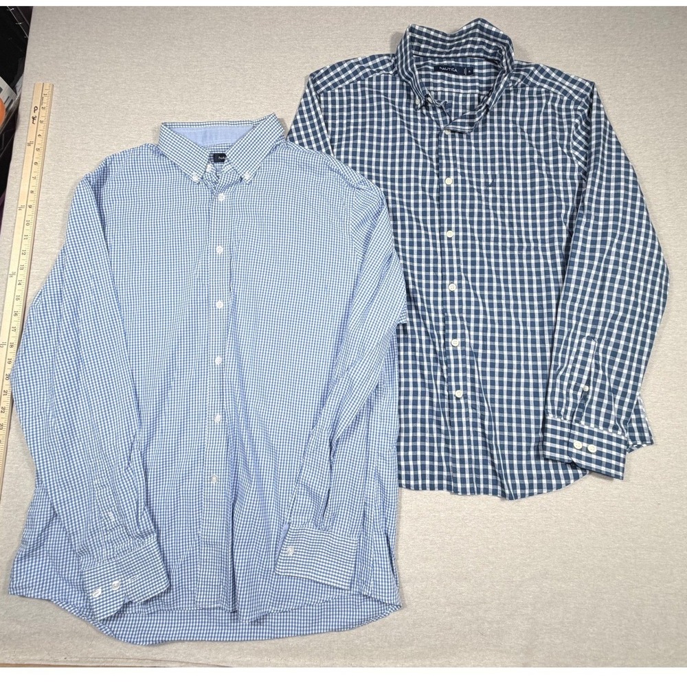Nautica Mens XL Button Shirt Lot 2 Blue Gingham Check Long Sleeve Cotton Blend